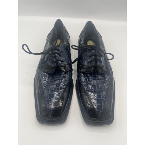 Vintage Hugo Vitelli Blue Black Crocodile Print Square Toe Loafers Sz 10.5 - Picture 1 of 10